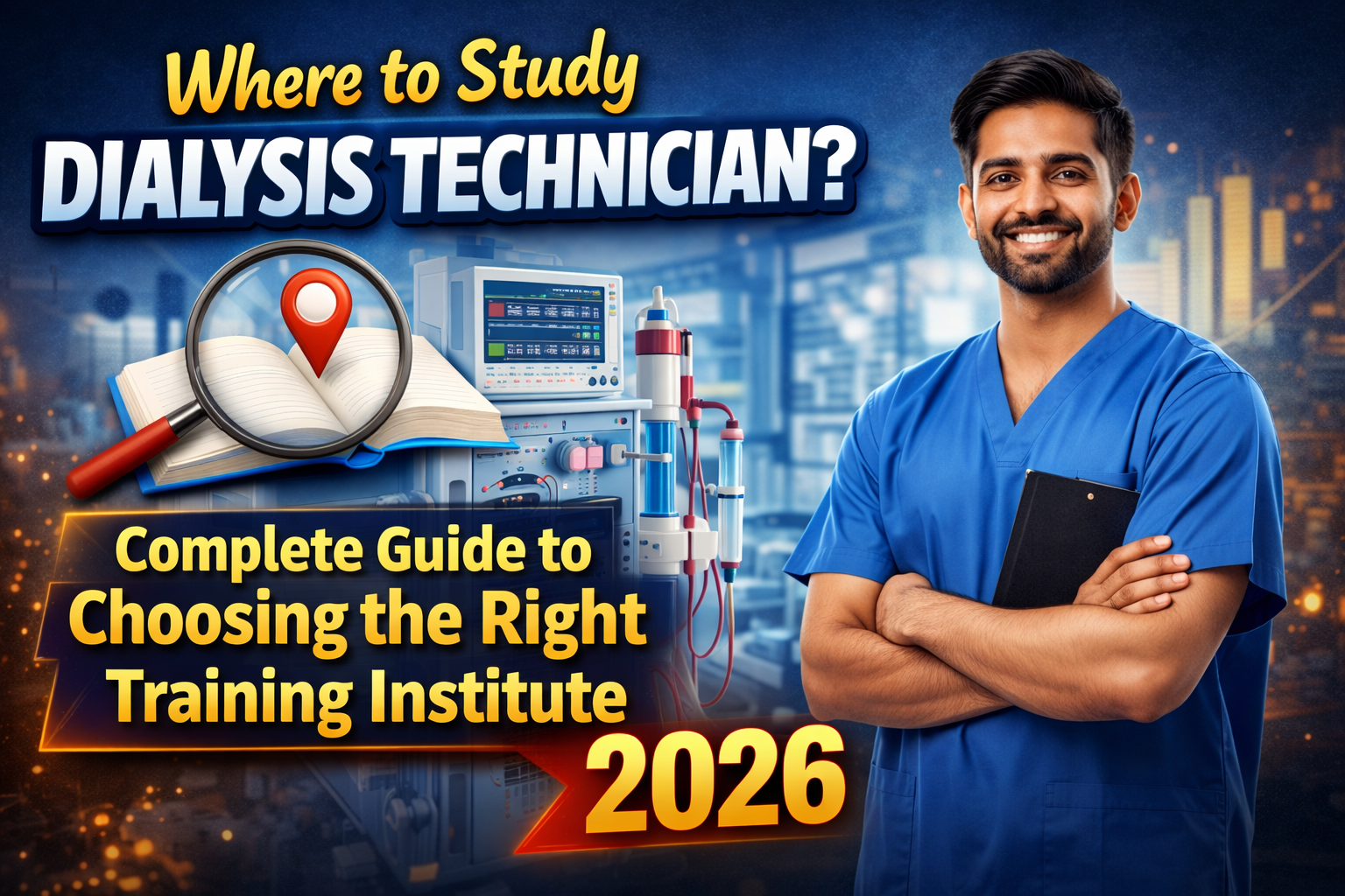 Generate a blog thumbnail on this topic: Where to Study Dialysis Technician? Complete Guide to Choosing the Right Training Institute 2026