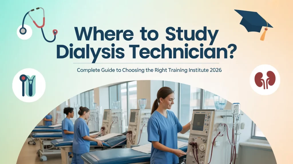 Generate a blog thumbnail on this topic: Where to Study Dialysis Technician? Complete Guide to Choosing the Right Training Institute 2026